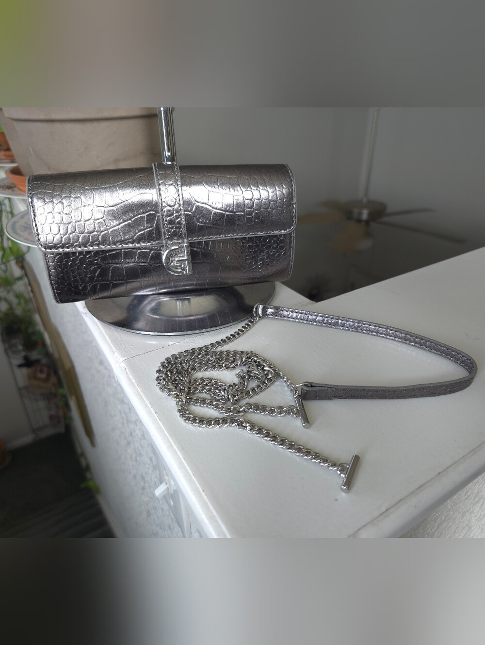 Cole Haan Metallic Silver Tone Croc-Embossed Chain Crossbody Wallet